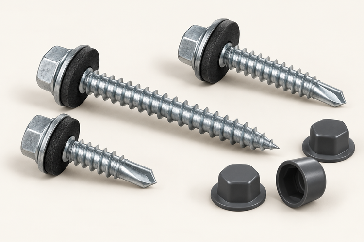 Illustration of roofing screws, sealing washers and colour caps; illustrative only.