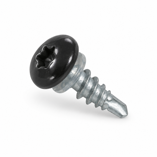 Reference-based AI illustration of 6.3 x 20mm Black Stainless Steel Low Profile Stitching Screws (Pack of 100). Representative appearance; not a stock photograph.