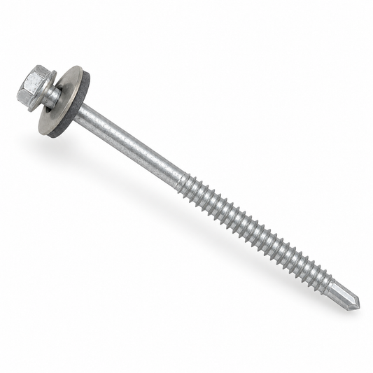 Reference-based AI illustration of Light Steel Roofing Screws with 19mm Sealing Washers (Pack of 100). Representative appearance; not a stock photograph.